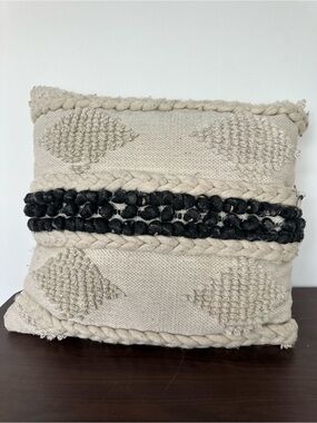 Anthropologie Textured Ivory Throw Pillow with Black Accent Stripe